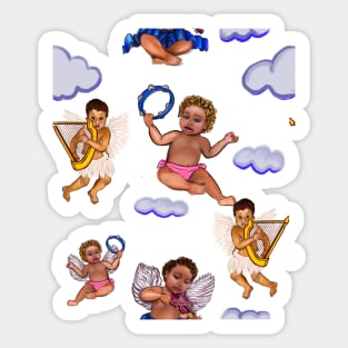 Orchestra of Curly haired Angels pattern in blue the cherubs are playing the tambourine, violin and harp - blissful Sun kissed curly haired Baby cherub angel classical art Sticker